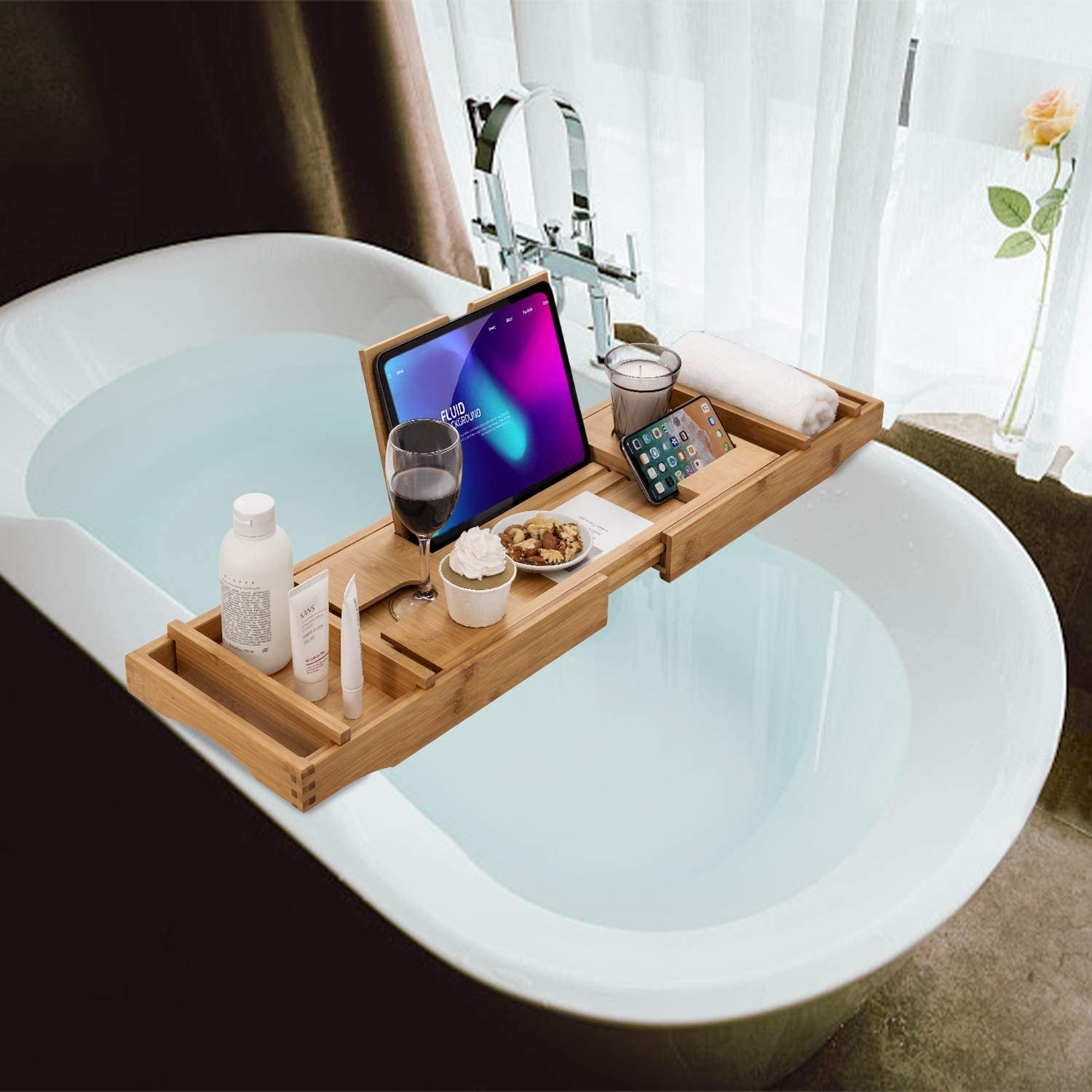 Bamboo Bathtub Caddy Tray with Extending Sides, Cellphone Ipad Tray and Wineglass Holder，Free Soap Holder